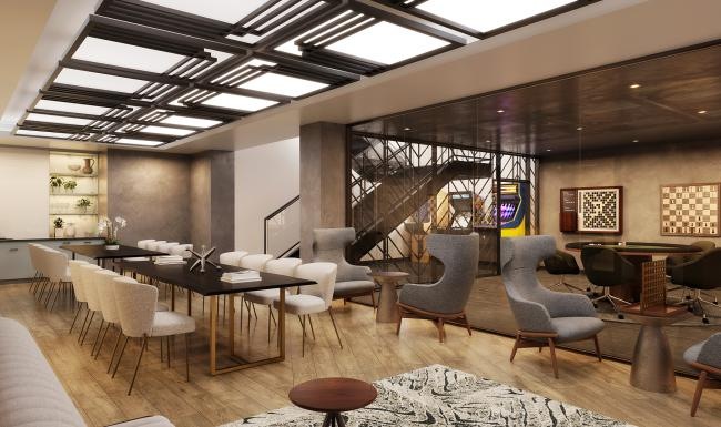 Access to resident-only features a room with tables and chairs