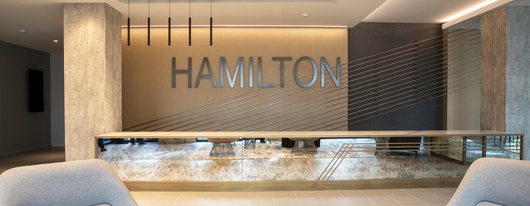 a large room with a sign